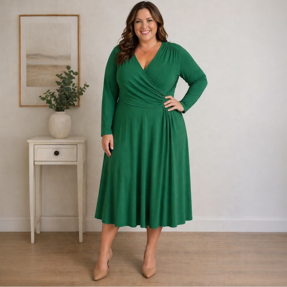 Serengeti Green Faux Wrap Midi Dress 1X Plus Size Long Sleeve